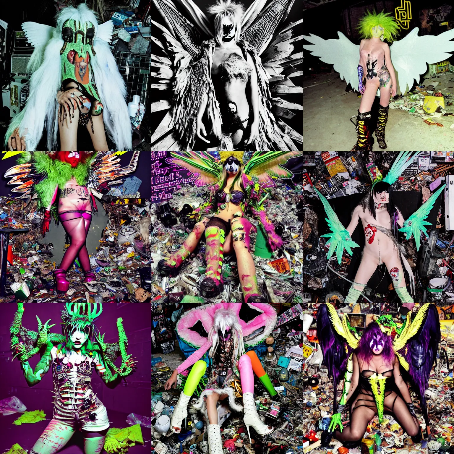 Prompt: photo of an angel with lizard skin wearing ripped up dirty Swear kiss monster teeth yeti platform boots in the style of Rammellzee Garbage Gods in the style of 1990's FRUiTS magazine 20471120 in japan in a dirty dark dark dark poorly lit bedroom full of trash and garbage server racks and cables everywhere in the style of Juergen Teller in the style of Shoichi Aoki, japanese street fashion, KEROUAC magazine, magazine 1990's, Vivienne Westwood, y2K aesthetic
