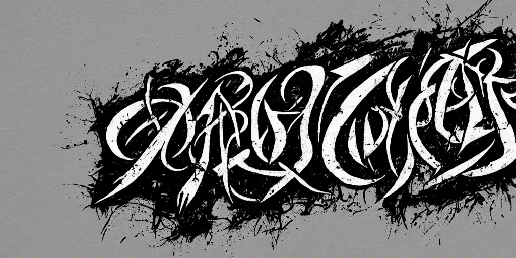 Prompt: masterpiece, black death metal logo calligraphy by thomas bokler, behance, white letters on black background