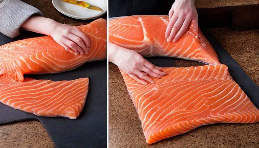 Prompt: person cuddling a flank of salmon being cut, person asleep in a salmon-meat bed and salmon body pillows