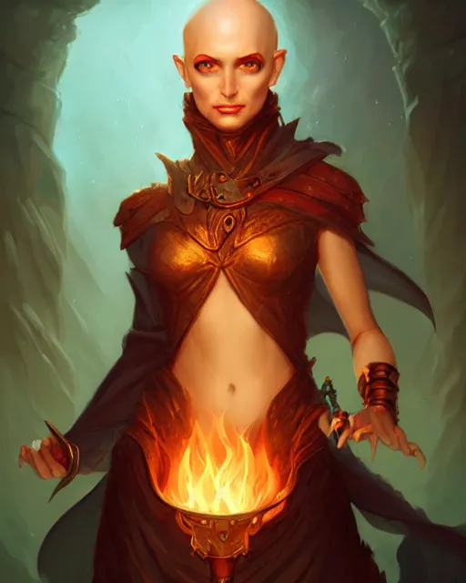 Image similar to Human :: Sorceress, pretty, beautiful, DnD character art portrait, bald, fire magic, matte fantasy painting, DeviantArt Artstation, by Jason Felix by Steve Argyle by Tyler Jacobson by Peter Mohrbacher, cinematic lighting.