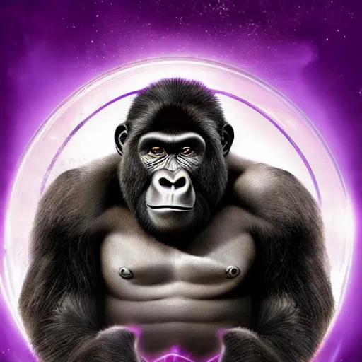 Prompt: a movie poster of a determined gorilla with upraised arms channeling energy into a large purple white ball of energy high in the air