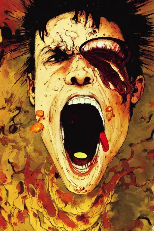 Prompt: full page illustration of tetsuo open mouth, showing a pill on his tongue, by Katsuhiro Otomo, Phil hale, Ashley wood, Ilya repin, frank frazetta, 8k, hd, high resolution print