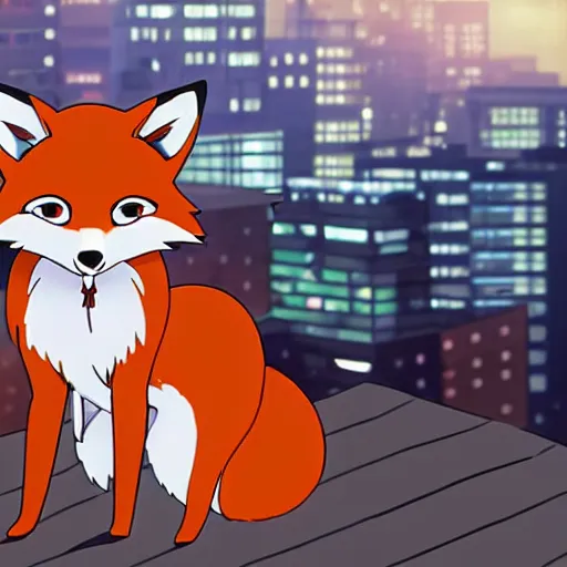 Image similar to key anime visual of an anthropomorphic fox, wearing a tuxedo on a city rooftop at sunrise, modern anime style, official anime still