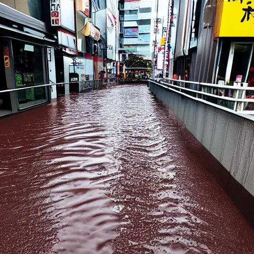 Image similar to an chocolate liquid melting from sky and flooding the street of tokyo