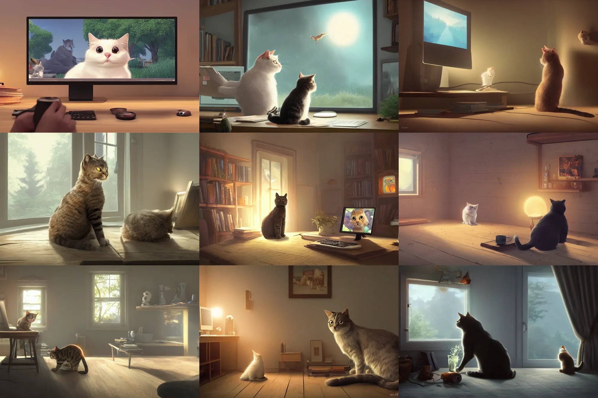 Prompt: a wholesome cottagecore illustration of a cat in a trance looking at the computer monitor create Stable Diffusion AI Art, Discord on monitor, Pixar and Disney animation, sharp, Rendered in Redshift and Unreal Engine 5 by Greg Rutkowski, Bloom, dramatic lighting