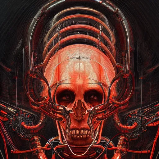 Prompt: surreal portrait of a man by Greg Rutkowski and H.R Giger, a biomechanical skull from whose sockets a red light emanates, between human and alien, connected by pipes and cables, terrifying, disturbing, cosmic void background, frightening, fascinating, highly detailed portrait, digital painting, book cover, artstation, concept art, smooth, sharp foccus ilustration, Artstation HQ.