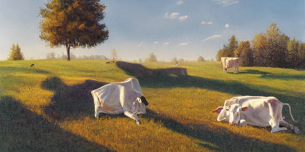 Image similar to cow, volumetric lighting, spring early, nice slight overcast weather, realistic illustration, perfectly shaded, ( golden hour ), soft painting, low angle, art by sven nordqvist