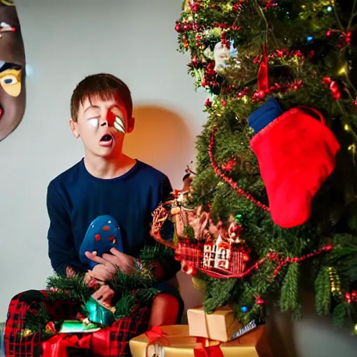 Image similar to a kid at christmas disappointed and crying looking a giant moai statue, his hands buried in his face, sitting down, looking disgusted and annoying | inside of a house next to a christmas tree, large opened present box next to the moai