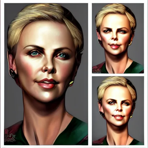 Image similar to charlize theron, highly detailed, portait, character art by fiona staples.