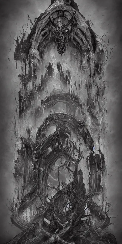 Image similar to portal containing mummified demon lord, dark, gritty, damaged, hellfire, hostile, demonic, diabolic, cinematic light, on artstation