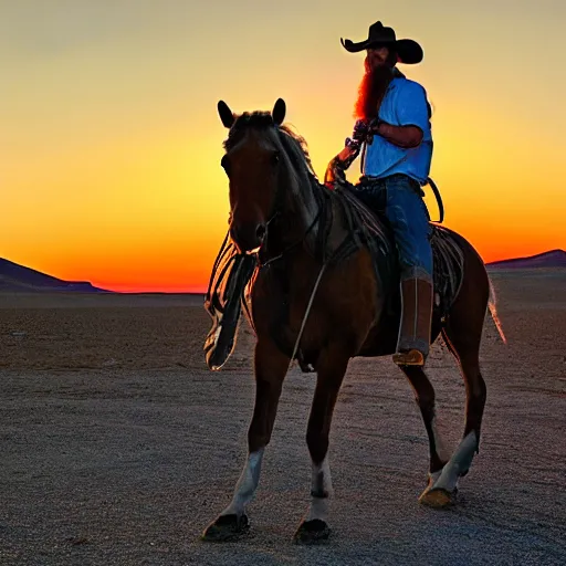 Image similar to m0istcritikal, but he's a cowboy, riding a horse through the desert, sunset, road, western, town