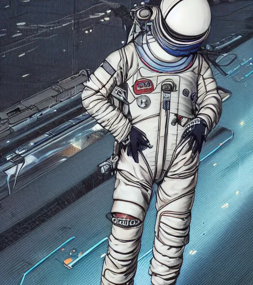 Image similar to cyberpunk japanese man with long limbs and a black spacesuit on a spacewalk outside of their ship, techwear, Industrial Scifi, detailed illustration, character portrait, by Martin Grip and Moebius