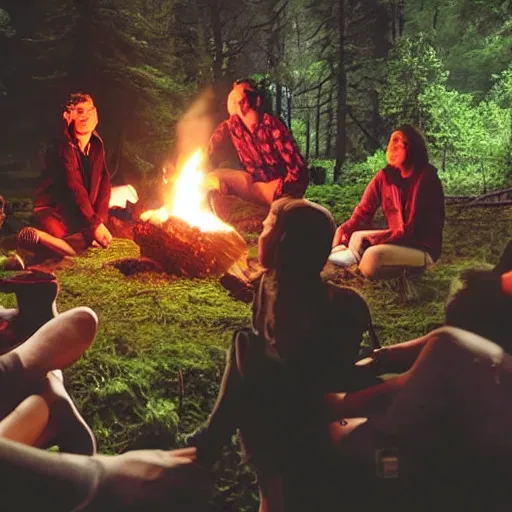 Image similar to A group of people sit around a campfire in the middle of a dark forest. They look tired and scared, Horror, Creepy, Spooky, Camcorder, VHS quality,