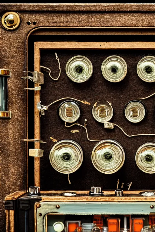 Prompt: A photo of a very old opened camera with vacuum tubes, capacitors and coils inside in the style of Wes Anderson, grungy, weathered Ultra detailed, hyper realistic, 4k