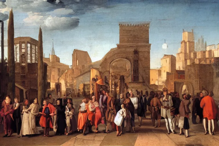 Image similar to people visiting art market in the future, botticeli style, renaissance