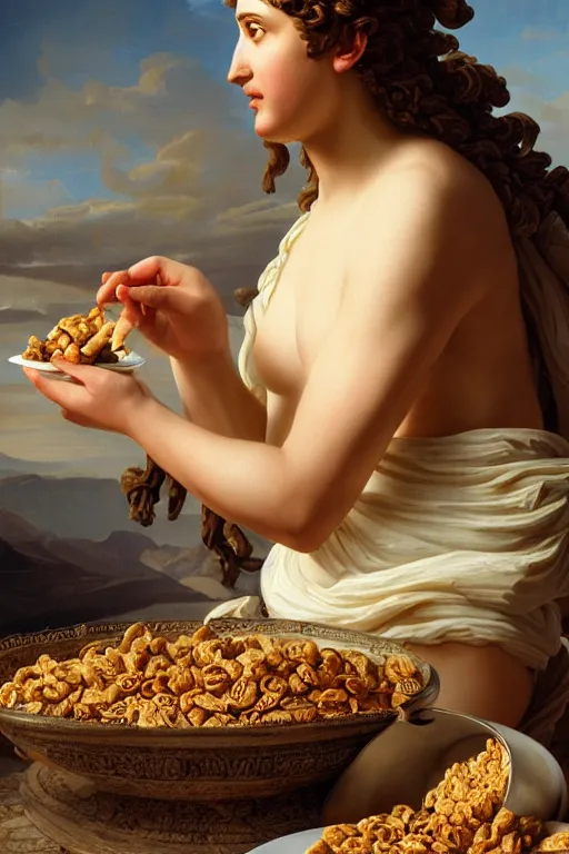 Image similar to greek statue of Aphrodite eating cereal, oil on canvas, intricate, portrait, 8k highly professionally detailed, HDR, CGsociety