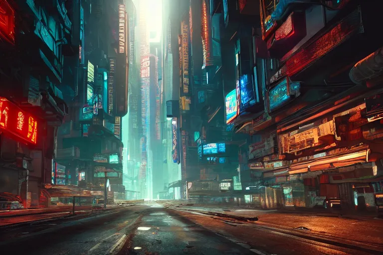 Image similar to wide-angle high-res rendering of the inside of cyberpunk street with large screens in 2077, intricate, elegant, sunrays, trending on Artstation, stunning volumetric lighting, Unreal Engine, 8K