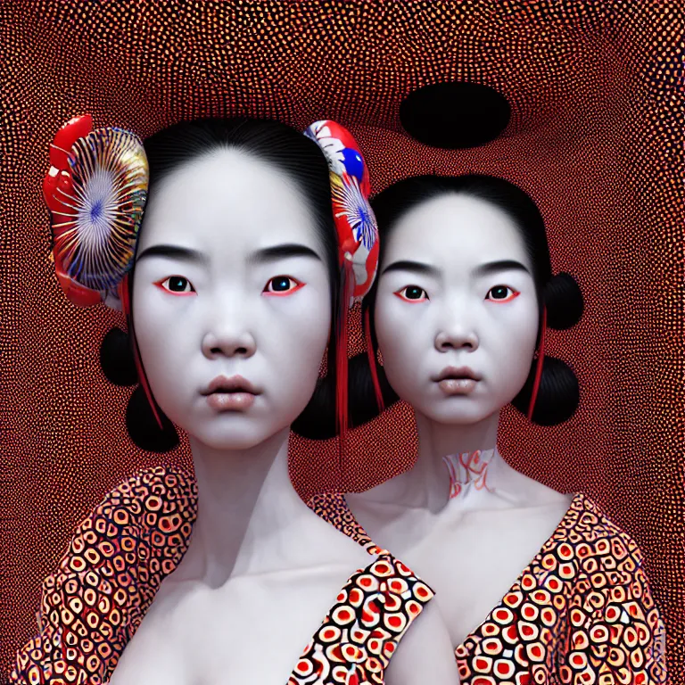 Image similar to hyperrealistic detailed image of a geisha in a art installation room, hd smooth interior by yayoi kusama, part by kei mieno, part by ross tran, dark art by james jean, ultra realistic, highly detailed, life like face, detailed body, 8 k, 3 d render by roger magrini, very cohesive, masterpiece