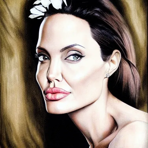 Image similar to “Angelina Jolie portrait, whole body in flower tattoo”