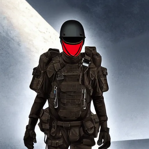 Image similar to futuristic insurgent wearing black helmet glossy visor, brown cloak, technical vest, and a backpack, photorealistic, digital art , red tint