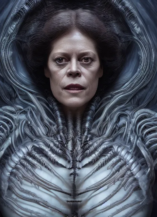 Prompt: a portrait of sigourney weaver blended with a xenomorphic alien queen, twisting organic tendrils, haze, highly detailed, hyper real, futuristic, volumetric interior lighting, artstation, unreal engine render 8 k greg rutkowski, hr giger