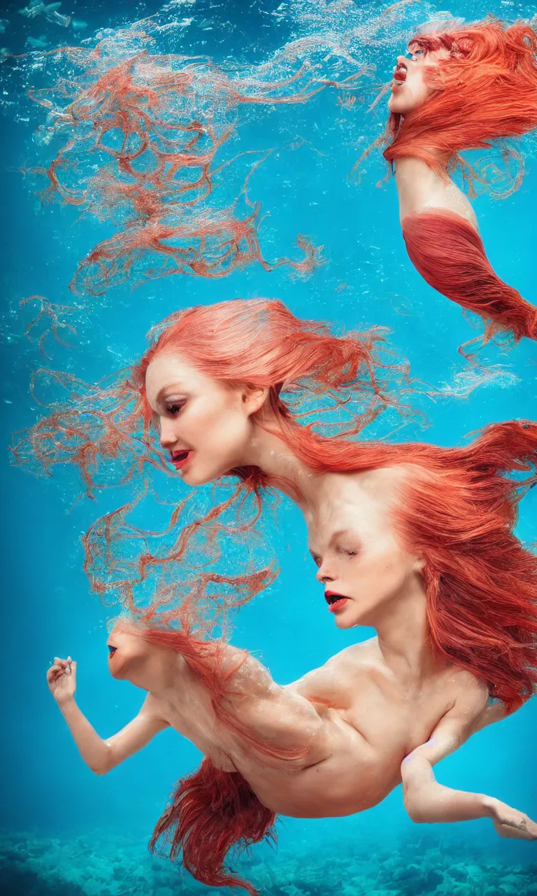 Prompt: head fish woman body surrealistic mermaid, half fish half woman , fish head, diving in the air rounded by jelly clouds made by national geographic underwater photographer 4k, 8k,