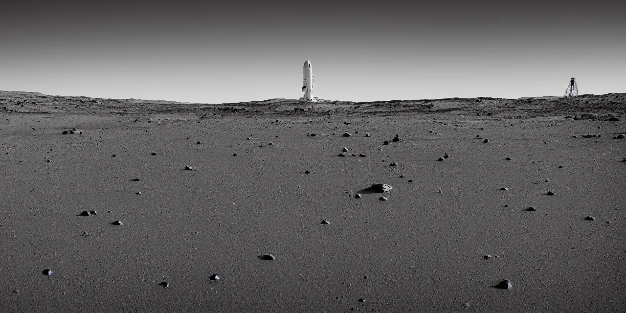 Image similar to 1 7 mm, black and white photo of a rocket landing on mars, black background with stars, cinematic film still, high contrast, astrophotography, 4 k