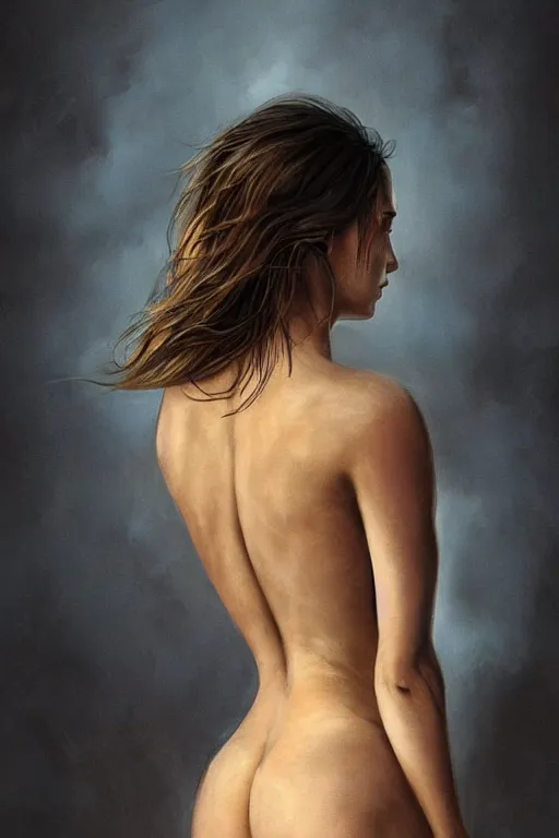 Prompt: Ana de armas wearing underwear from behind face turn back golden proportion Majestic and regal portrait, Perfect face, beautiful body intricate, epic, elegant, menacing, fantasy, highly detailed, digital painting, hard focus, beautiful volumetric lighting, epic light, ultra detailed, by Leesha Hannigan, Ross Tran, Thierry Doizon, Kai Carpenter, Ignacio Fernández Ríos