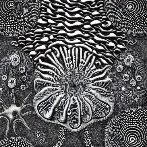 Image similar to a black and white drawing of a variety of sea life, a microscopic photo by ernst haeckel, zbrush central, kinetic pointillism, bioluminescence, intricate patterns, photoillustration