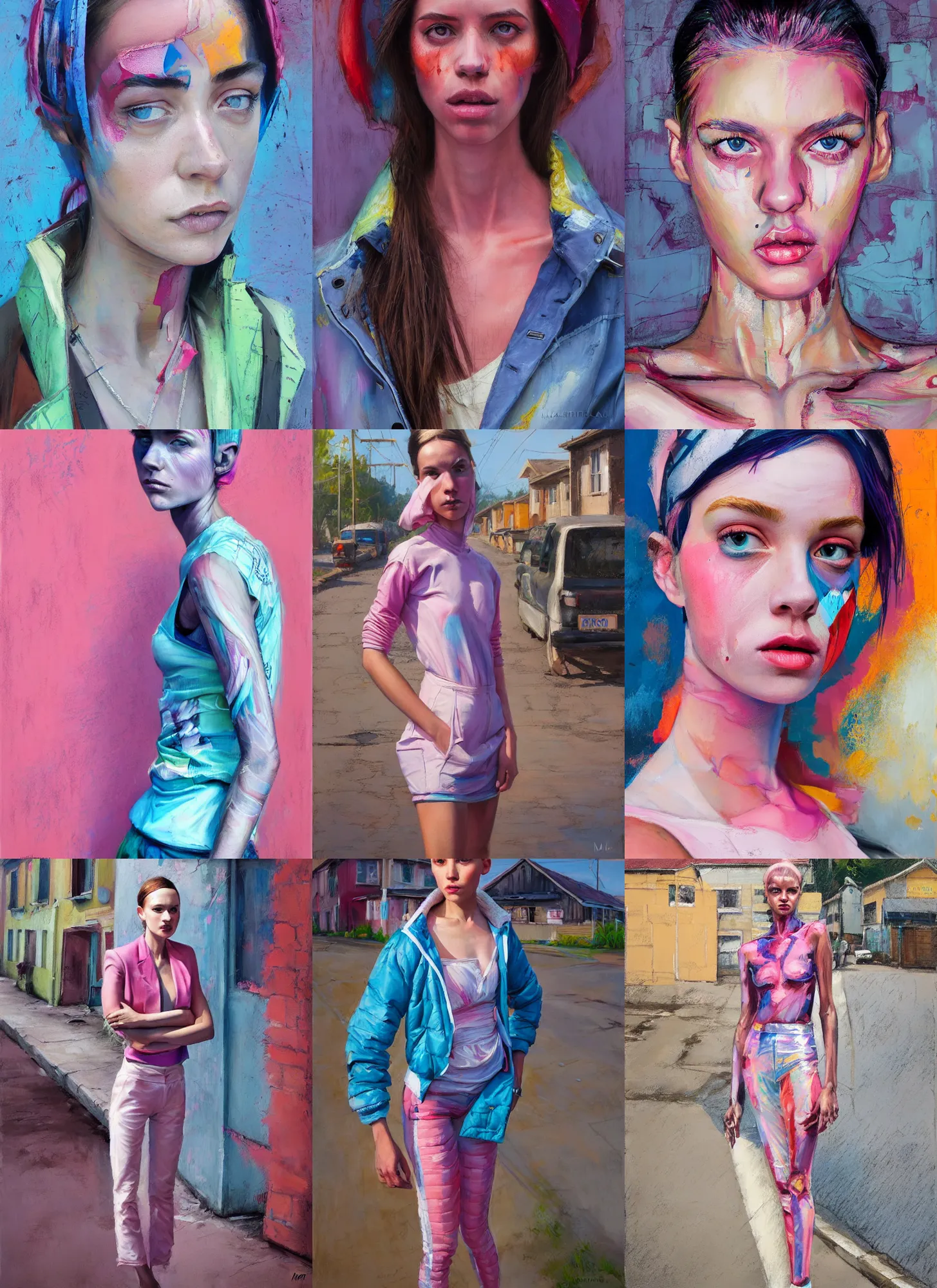 Prompt: gorgeous young woman in the style of stefan kostic, standing in a township street, street fashion outfit,!! haute couture!!, full figure painting by martine johanna, artgerm, pastel color palette, realistic, sharp focus, 8 k high definition, insanely detailed, intricate, elegant, 2 4 mm lens