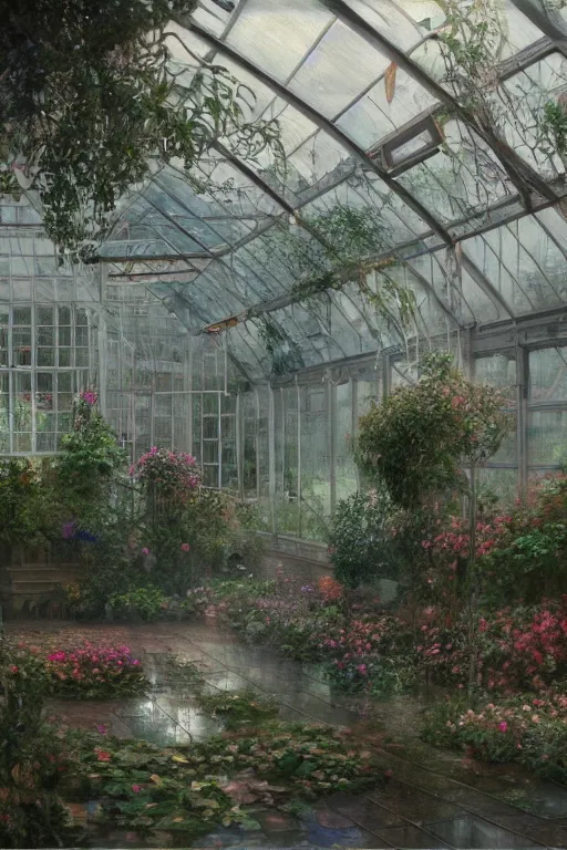 Image similar to a beautiful painting of a greenhouse, rainy, gloomy and depressed, dark, shimmering and prismatic, lumion render, rococo, by krenz cushart and mucha and monet, trending on artstation.