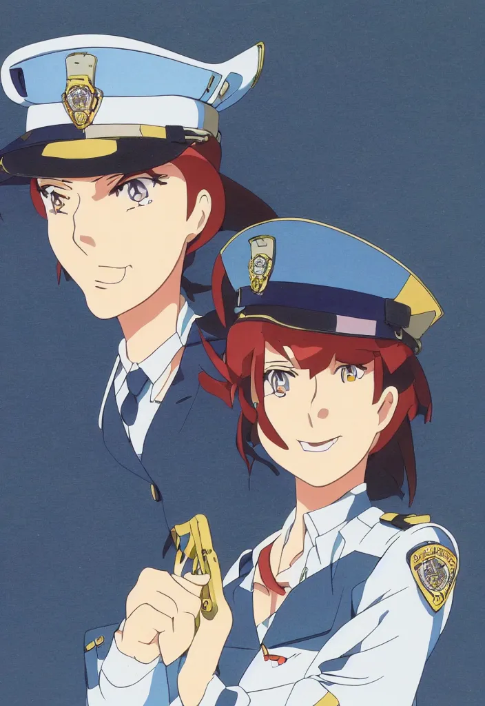 Image similar to a police woman, animation cel for anime movie, designed by haruhiko mikimoto, studio trigger, gainax, subtle colors