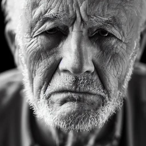 Prompt: close up face portrait of old man, scowling, studio lighting, depth of field, photography, black and white, highly detailed