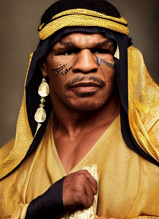 Image similar to mike tyson dressed in arab clothing, photohoot, set pieces, intricate set, vogue magazine, canon, highly realistic. high resolution. highly detailed. dramatic. 8 k. 4 k.