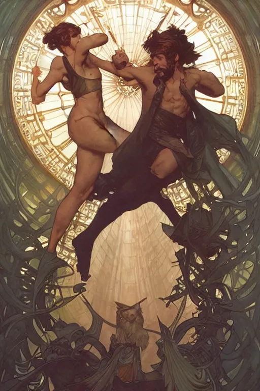 Image similar to the dayman fighting the nightman. art by artgerm and greg rutkowski and alphonse mucha and tomacz alen kopera and gaston bussiere.