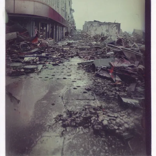 Image similar to old polaroid of a artificial intelligence walking on a destroyed city, rain, dark sky