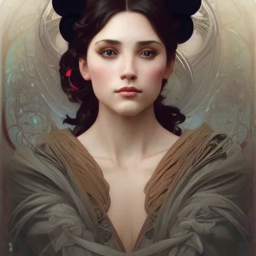 Prompt: side view portrait of a goddess, mickey mouse, intricate, elegant, highly detailed, digital painting, artstation, concept art, smooth, sharp focus, illustration, art by artgerm and greg rutkowski and alphonse mucha and william - adolphe bouguereau