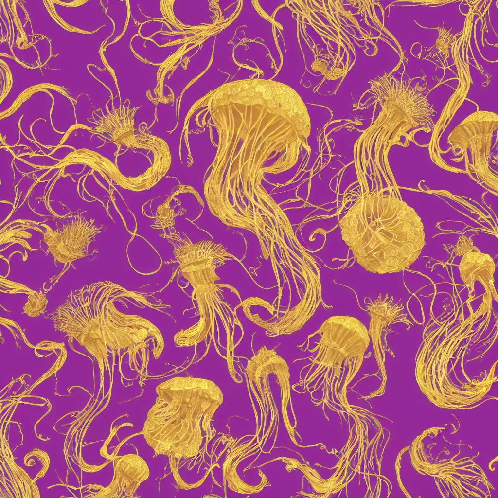 Prompt: Golden purple dress design in the style of rococo,Victorian era,jellyfish element,dreamy, soft,Backlight ,luminescence,highly detailed,8k