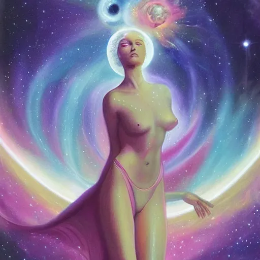 Image similar to A beautiful painting of feminine cosmic being with a nebula as its body by Jim Burns, Trending on artstation.