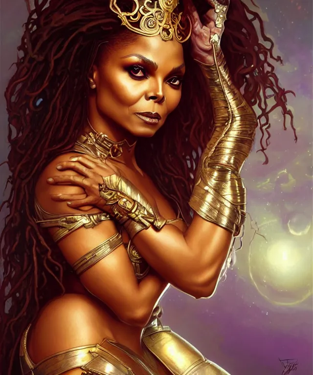 Prompt: Janet Jackson as a fantasy magic woman portrait, sci-fi, amber eyes, face, long hair, fantasy, intricate, elegant, highly detailed, digital painting, artstation, concept art, smooth, sharp focus, illustration, art by artgerm and greg rutkowski and alphonse mucha