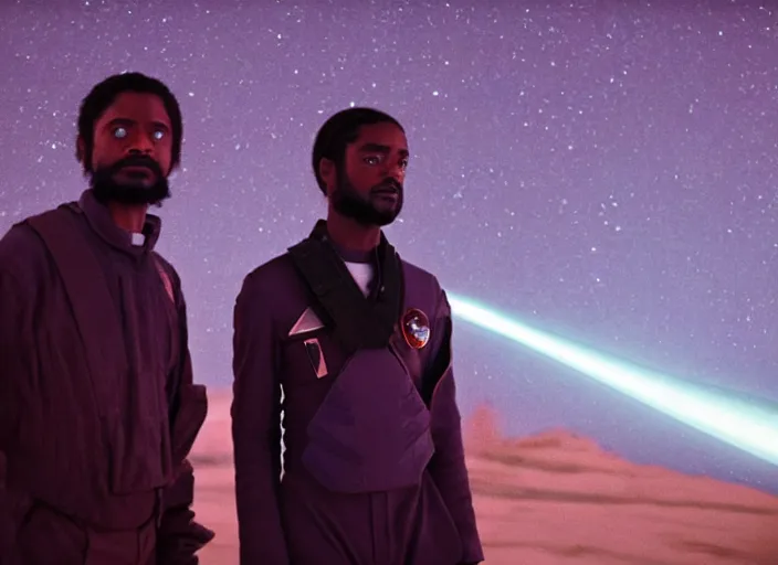 Image similar to first official image from paul thomas anderson's new space opera film starring lakeith stanfield and grimes. shot on alexa mini, stunning cinematography, filmgrain, kodak vision 2 0 0 t, shot composition