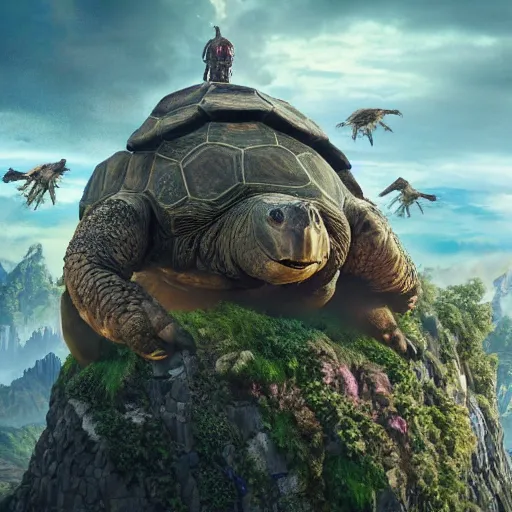 Image similar to giant tortoise walking with a large fantasy castle armor, distant shot birds eye view, fantasy, hyper detailed, 4 k, howls moving castle, mortal engines,