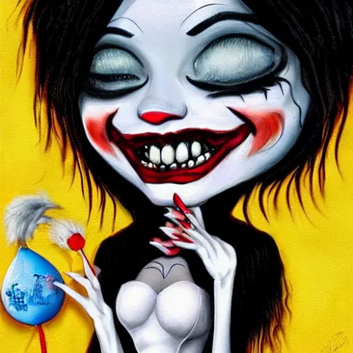 Image similar to grunge cartoon painting of kylie jenner with a wide smile and a red balloon by chris leib, loony toons style, pennywise style, corpse bride style, horror theme, detailed, elegant, intricate