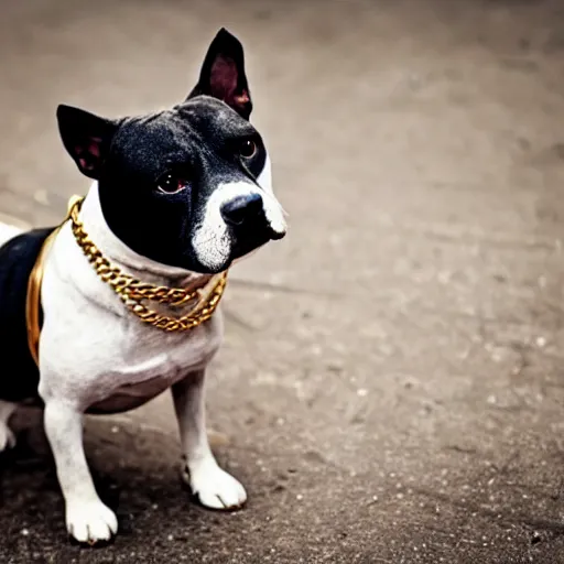 Prompt: american staffy dog wearing gold chains, street style, cool, stylish, anthropomorphised
