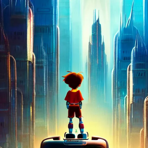 Prompt: a spectacular film poster of an adventurous boy ( facing the camera ) and his small robot friend, futuristic city background, eleborate composition with foreground and background, depth of field, fantasy illustration by kyoto studio, don bluth!!!, square enix, disney animation film, cinematic lighting