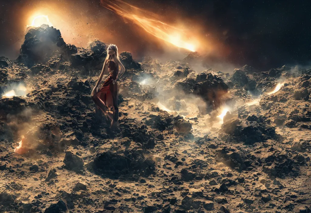 Image similar to fashion editorial in asteroids crashing on earth. gigantic explosions. wide angle shot. highly detailed. depth of field. high definition. 8k. photography.