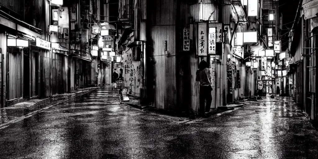 Image similar to quiet tokyo alley at night, raining, dim volumetric lighting, hdr, postprocessing, hyperdetailed, intricate, epic composition, cinematic lighting, masterpiece, street photography