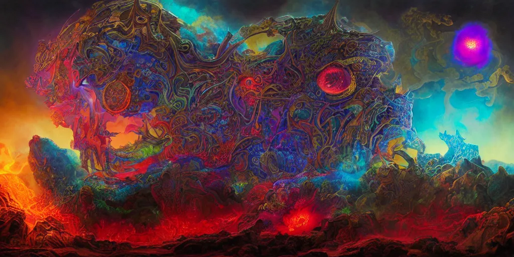 Image similar to gigantic psychedelic demonic cosmic skull of death and fire, outer space, fantasy painting, ultra realistic, dmt, symmetrical, wide angle, art nouveau, intricate details, digital painting, rainbowshift, vivid colors, highly detailed by peter mohrbacher, h. r. giger, maxfield parrish, craig mullins, octane render, cgi