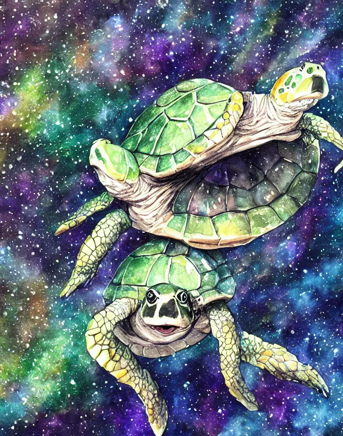 Image similar to turtle goes on a magical journey into a extraterrestrial light prism shadow rhelm, watercolor, ambient lighting, perfect contrast, ultra detailed, trending on art station