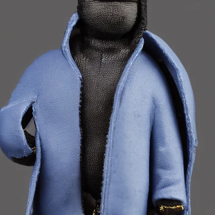 Image similar to a goodsmile figure of kanye west using a full face covering black mask, a small, tight, undersized reflective bright blue round puffer jacket made of nylon, dark jeans pants and big black balenciaga rubber boots, figurine, detailed product photo